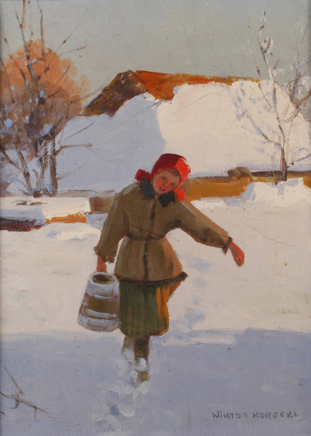 Artwork by Wiktor Korecki, Wasser tragendes Mädchen, Made of Oil on cardboard