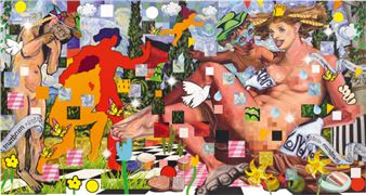 A chaotic collage of figures, flags, and symbols in a vibrant, fragmented style.