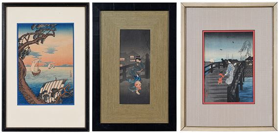 Three: Cold Winter Wind; Coming Ships; Woman and Child on Bridge by Takahashi Shōtei