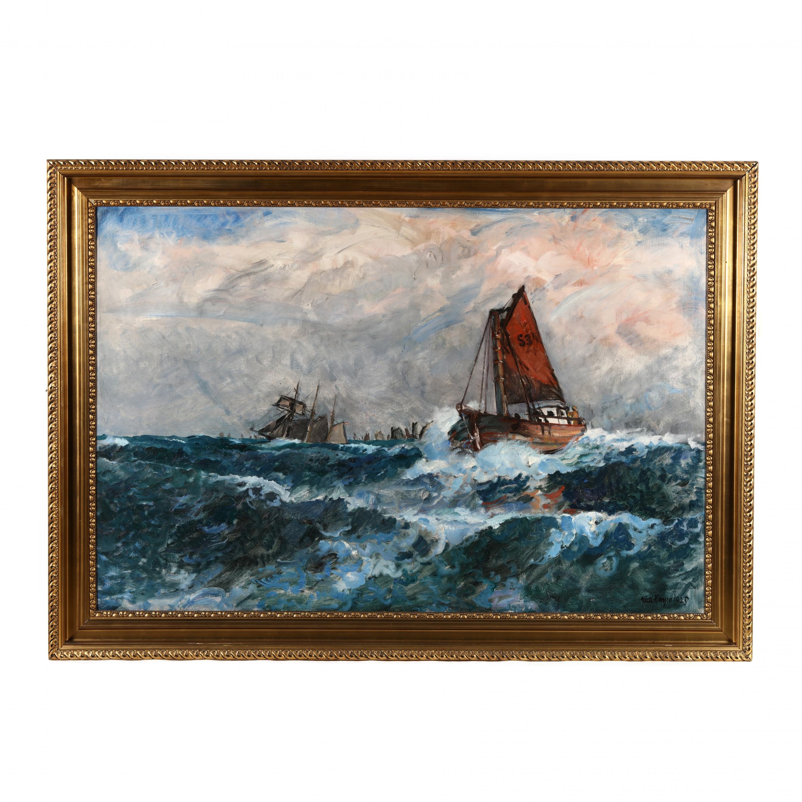 Large Maritime Scene by Niels Hansen, dated 1925