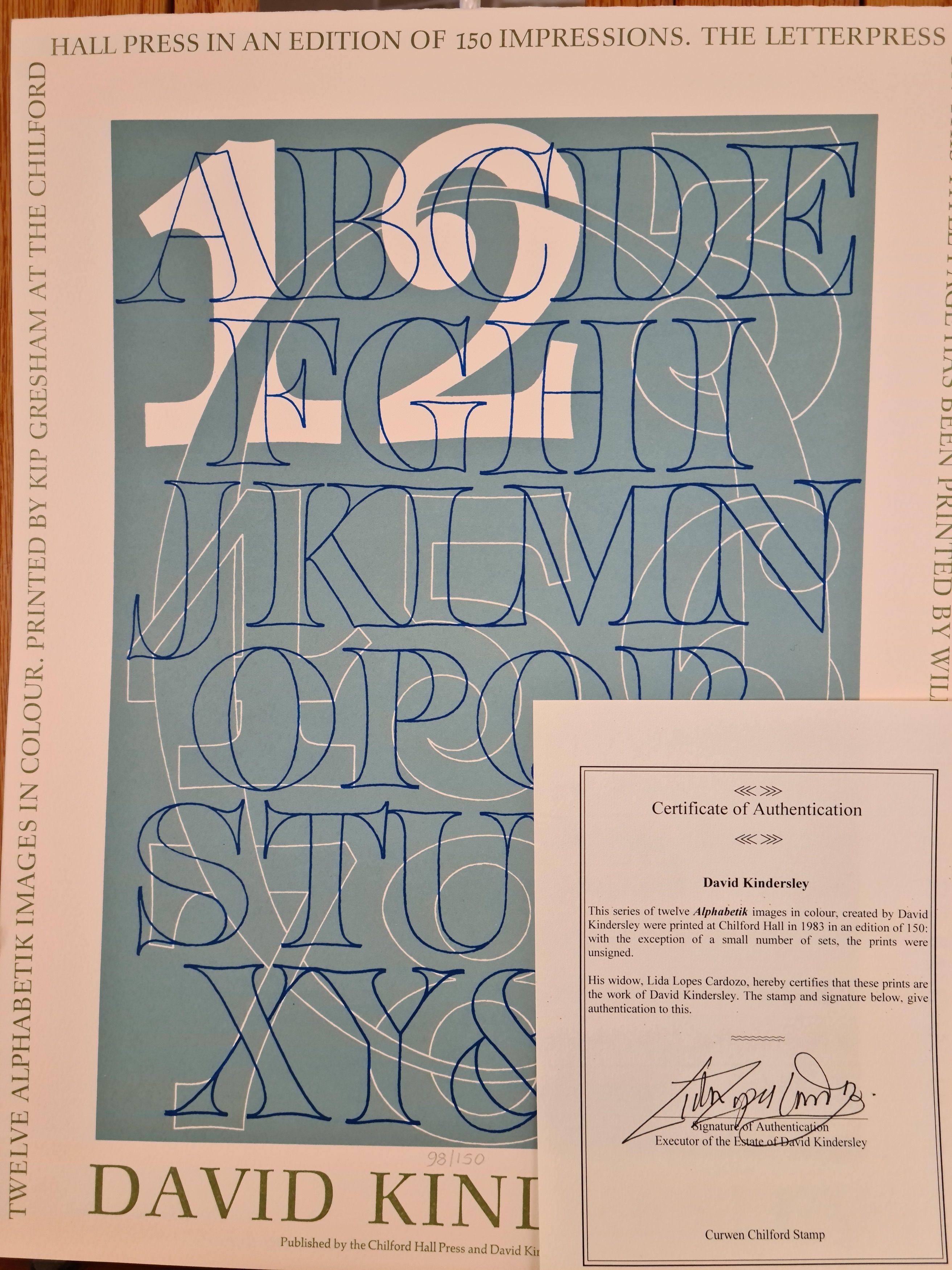 Artwork by David Kindersley, a suite of 12 unframed Alphabet, Made of prints