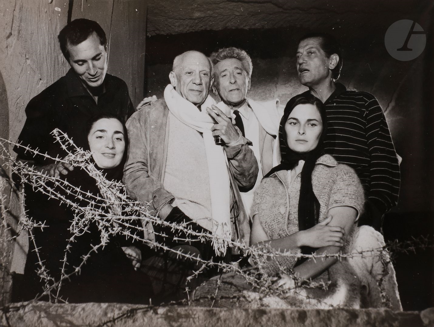 Pablo Picasso et Jean Cocteau entourés de Serge Lifar by Lucien Clergue, 1959