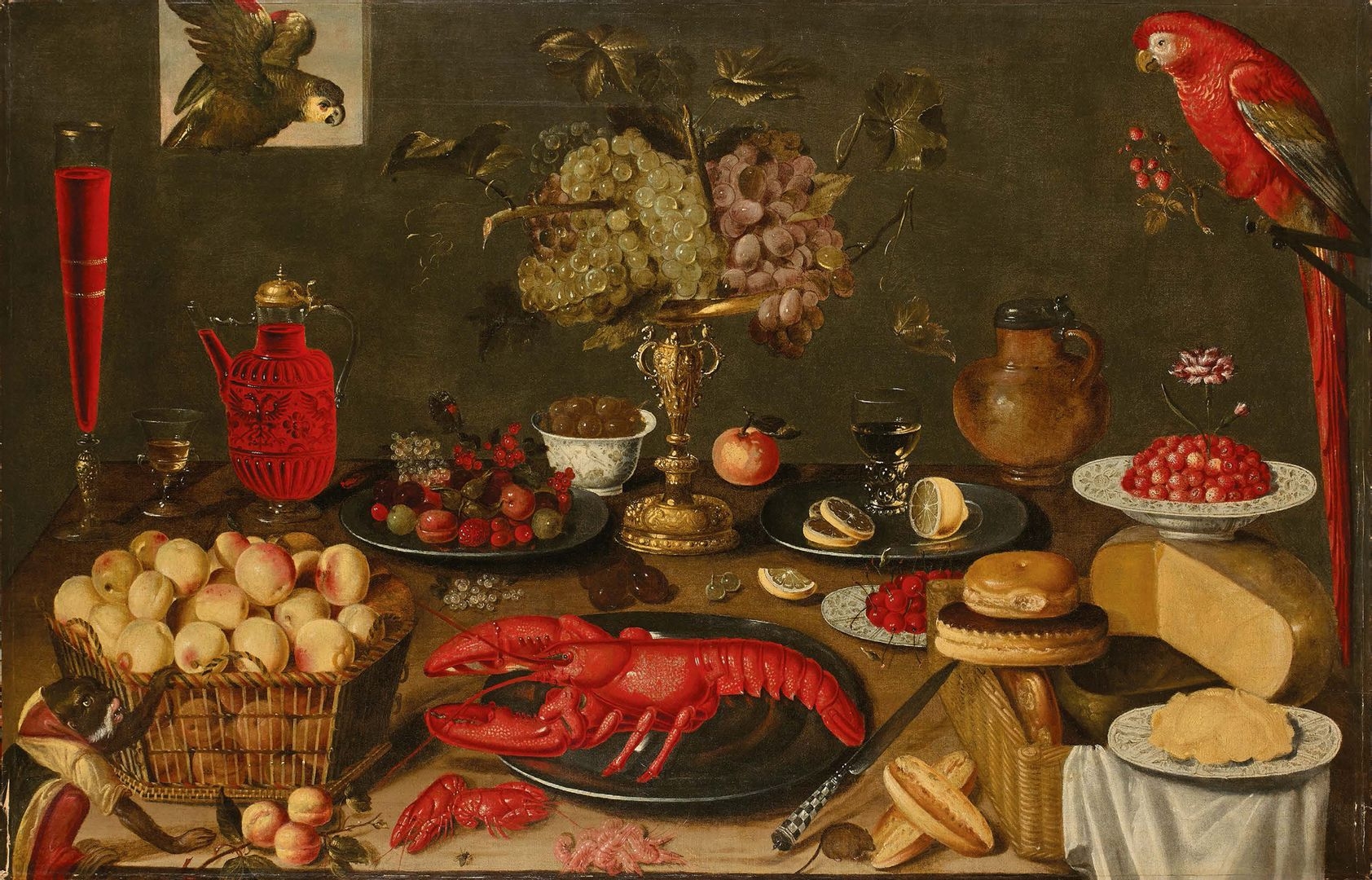Artwork by Artus Claessens, Still life with lobster and parrot, Made of Canvas