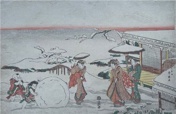 Jeunes femmes regardant des enfants jouer dans la neige by Katsukawa Shunsen, circa 1810/1820