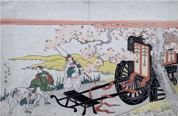 Jeunes nobles auprès d’un transport de cour (char à bœufs) sous les cerisiers en fleur by Katsukawa Shunsen, circa 1810/1820