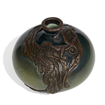 rare earthenware Sea Green glaze vase with carved and electroplated copper seahorses and seaweed, shape number T1234 - Virginia B. Demarest