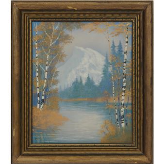 porcelain Vellum glaze plaque with a scenic mountain landscape - Edward Hurley