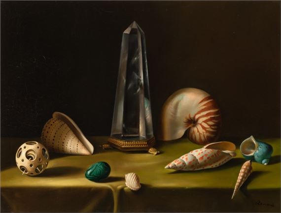 Still life with Shells, Crystal Obelisk, Malachite Egg and Ivory Puzzle Ball by Fernand Renard