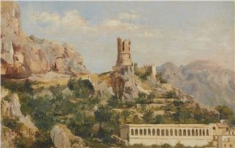 A hazy landscape painting of a ruined tower on a rocky hill overlooking a long arched building.