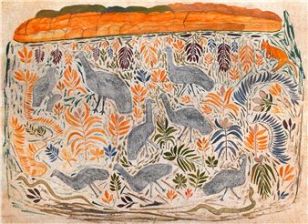 A vibrant, stylized landscape featuring grey birds amidst a dense forest of orange and blue foliage.