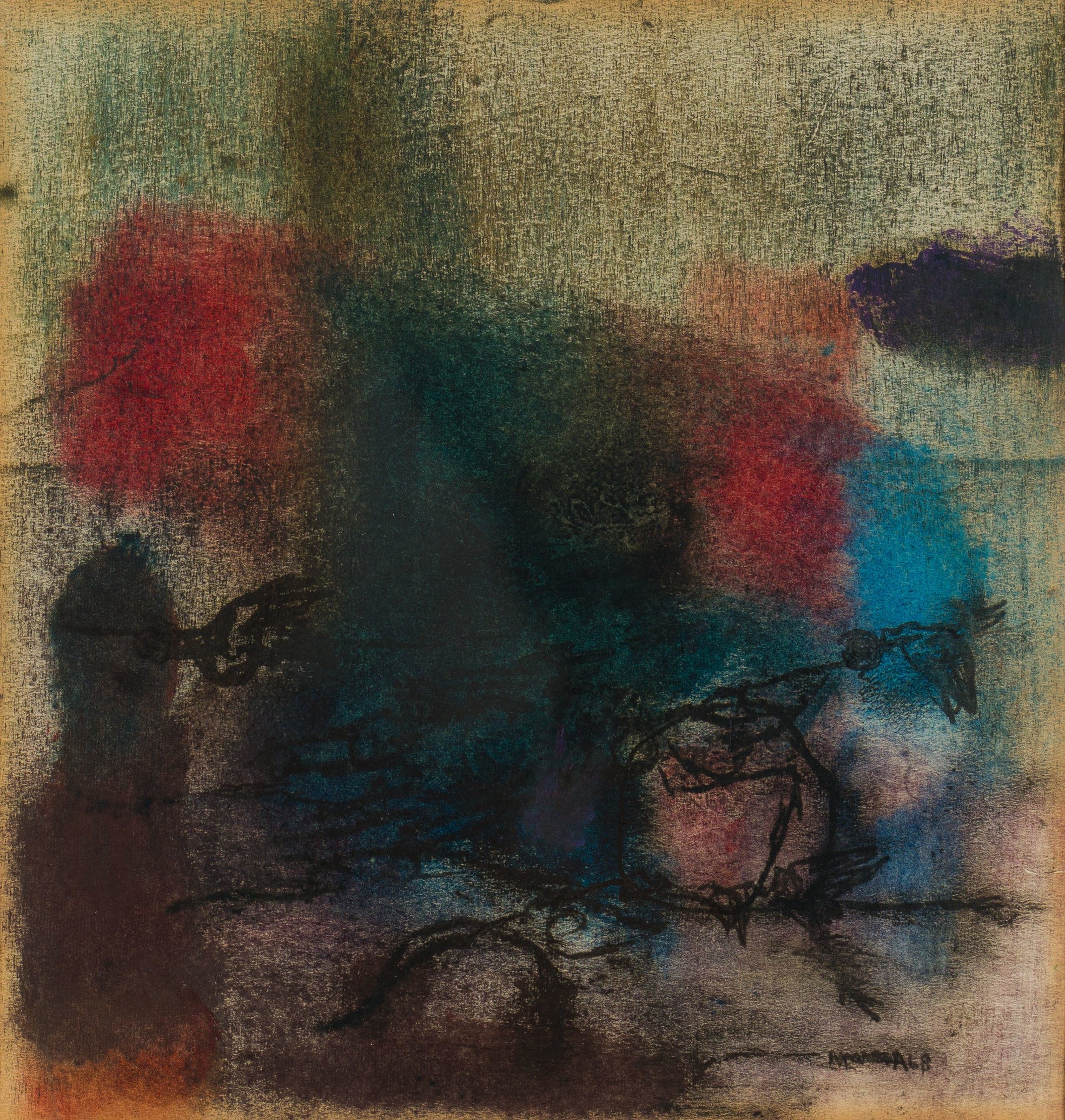 Artwork by Louis Maqhubela, Abstract Composition with Birds, Made of pastel and charcoal on paper