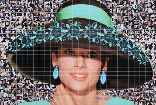 Artwork by Maria Murgia, Omaggio a Audrey Hepburn, Made of digital photomosaic mounted on kapafix panels and carved by hand