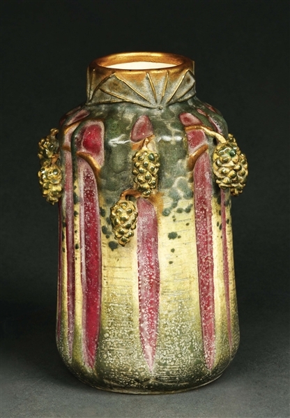 Artwork by Paul Dachsel, PINECONE VASE, Made of Red and green glazes with enameled green pinecones