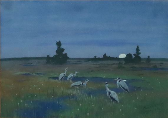 Friedliche Landschaft mit Schwarm Nachtreiher bei Mondschein by Carl Deiker, 1921