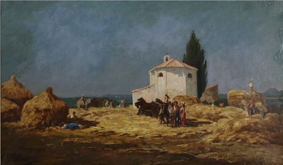 Rast bei der Heuernte in von der mediterranen Sonne lichtdurchfluteten Küstenlandschaft mit Kapelle by Paul Valantin