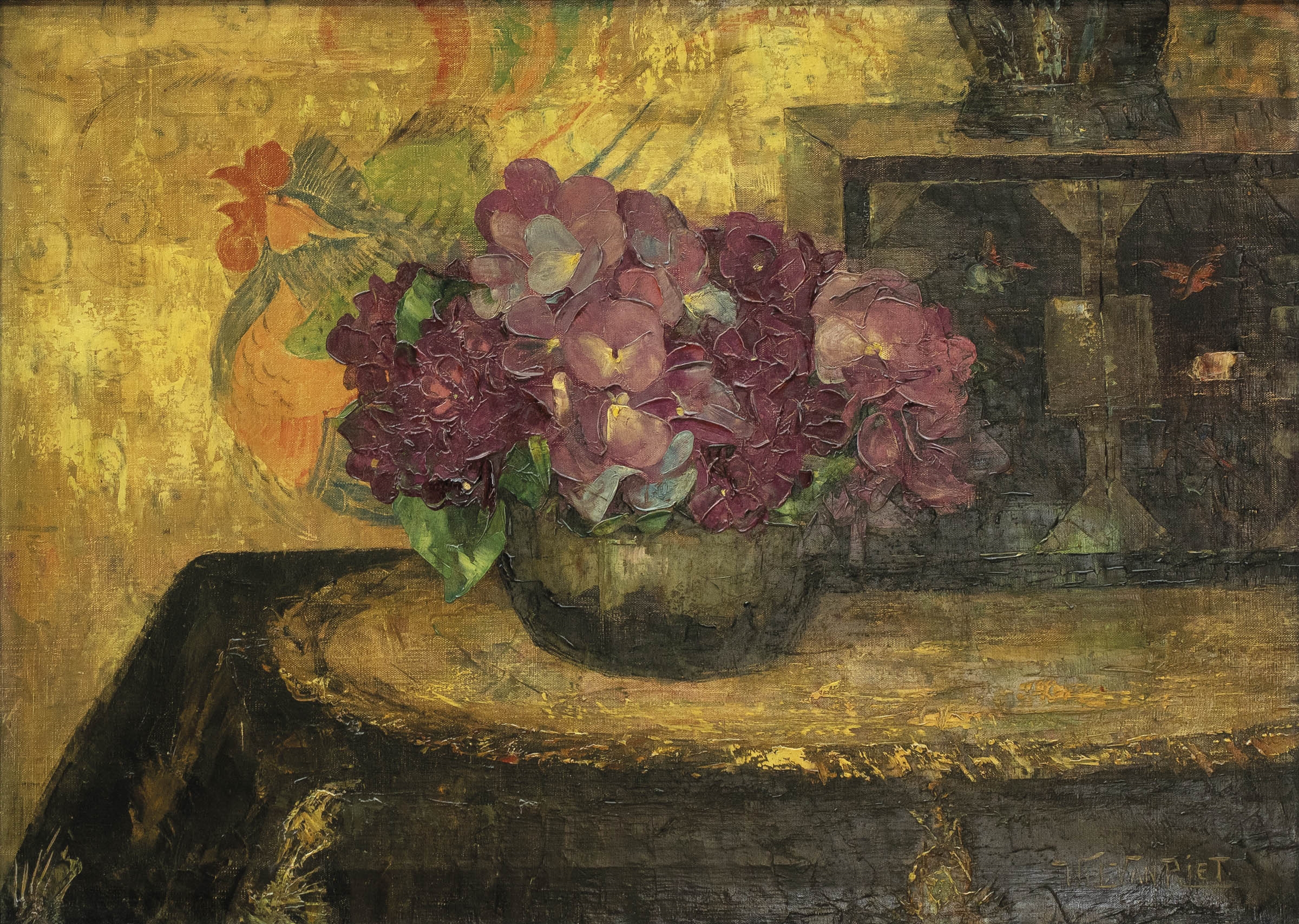 Willy Van Riet | Still life with flowers and Japanese cabinet | MutualArt