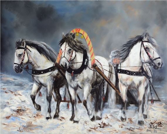Troika- sleigh in winter landscape by Eduard Klug, 1981