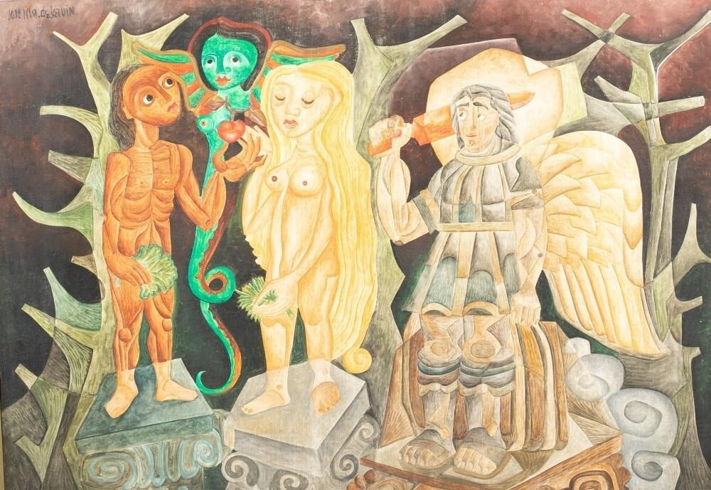 Artwork by Jose Illa Desetvin, Adam and Eve with snake and angel Gabriel, Made of Acrylic on board