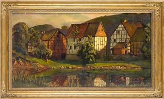 View of a village with half-timbered houses in front of a low mountain landscape with water in the foreground - Georg Michael