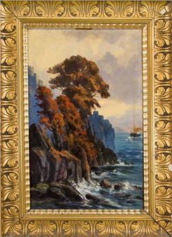 Rocky coastal landscape with castle ruins and steamer in the background - Alfred Heide