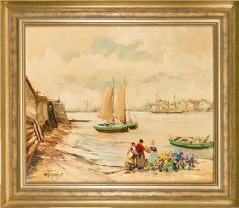 Harbour scene with flower sellers, - Walter Bohnefeld