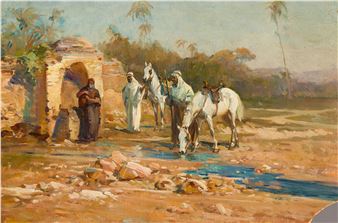 Arab with horses at a fountain - P. Kowalczyk
