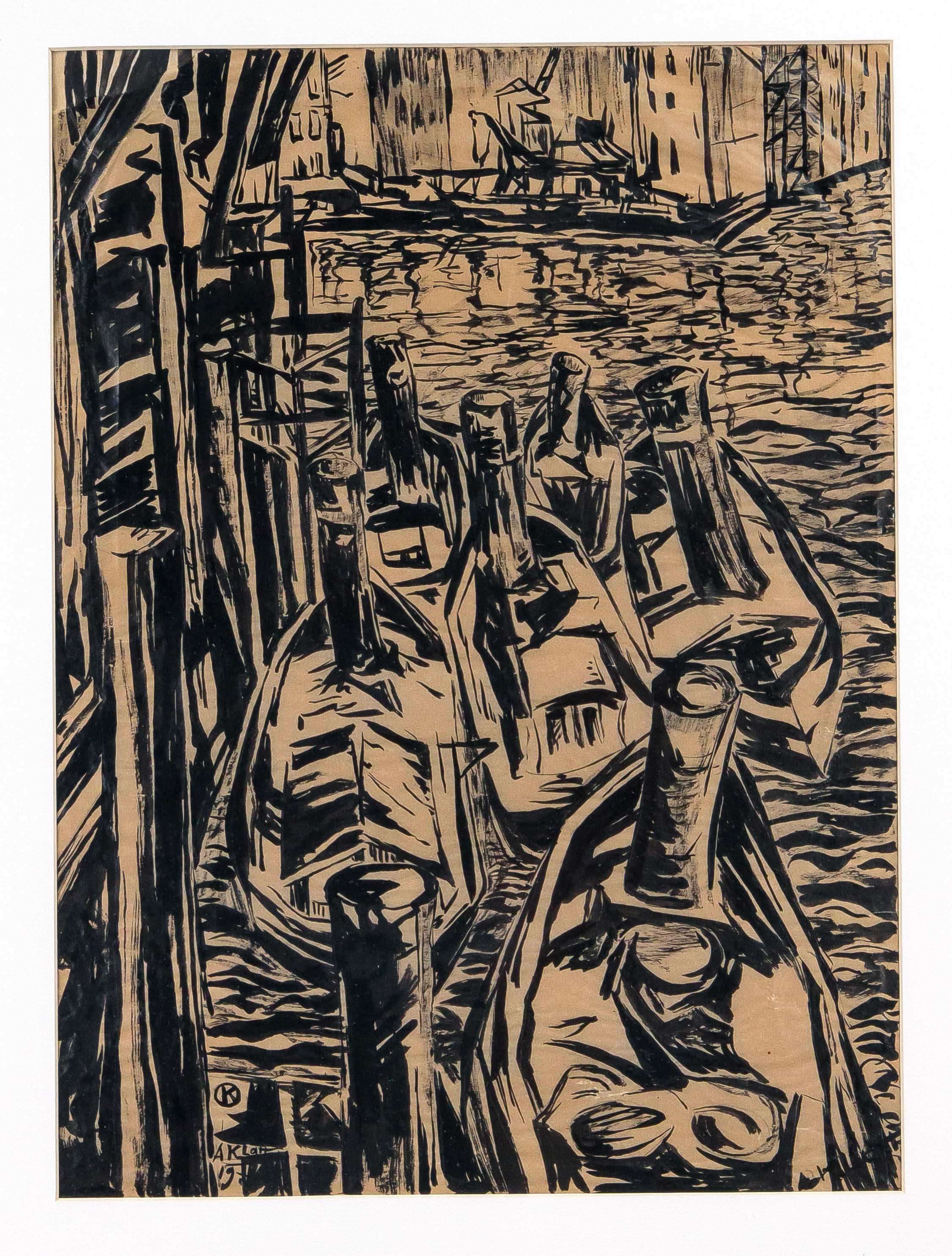 Artwork by Albert Klatt, Tugboat in the harbor, Made of ink on parchment paper