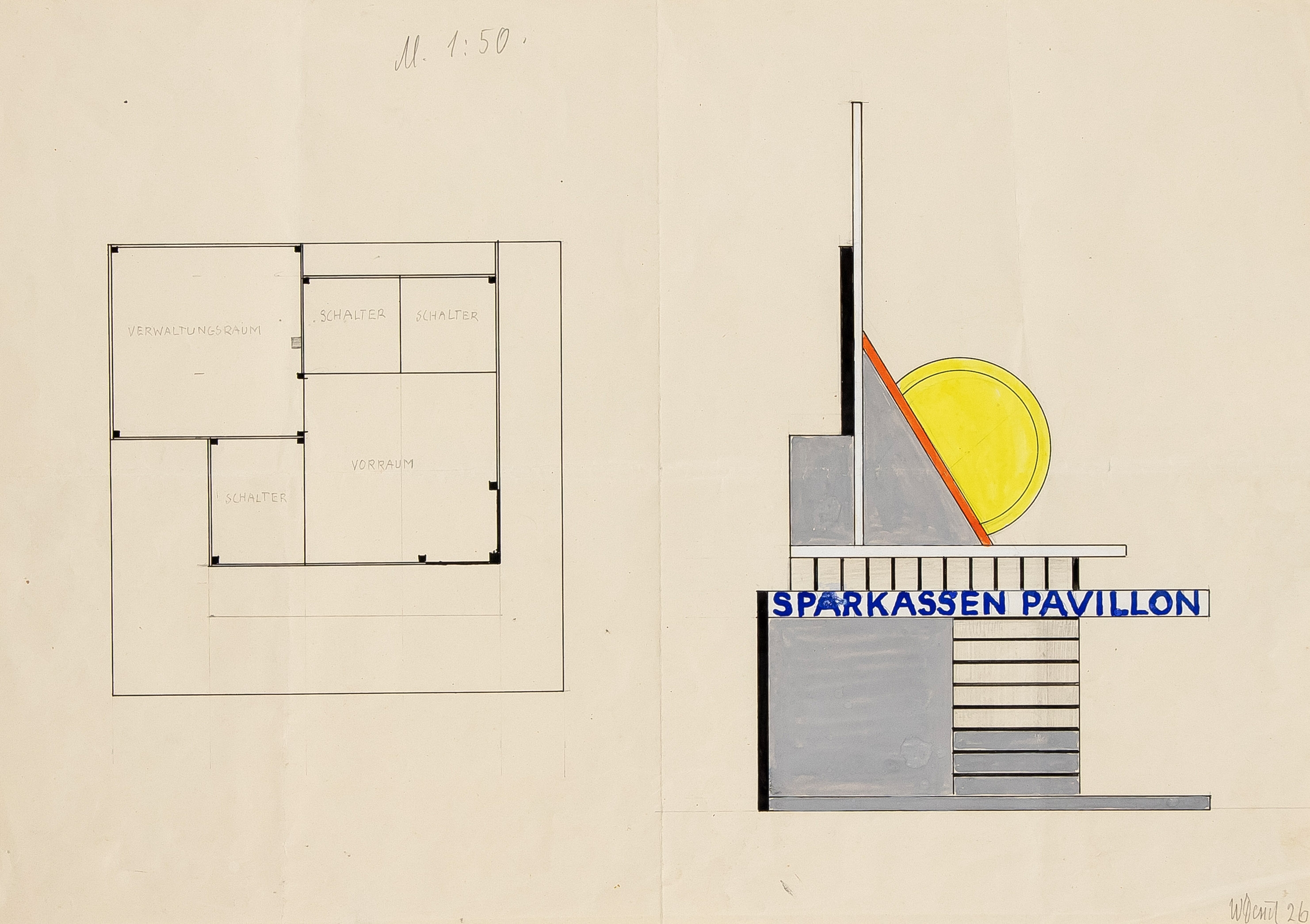 Two original designs for the Sparkassen Pavilion, Jena by Walter Dexel, 1926
