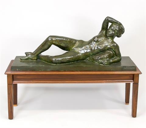 Artwork by Léon Severac, Reclining female nude, Made of bronze sculpture with green patina on rectangular plinth