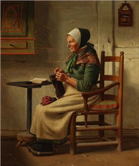 Interior with an old woman knitting - Frederik Vermehren
