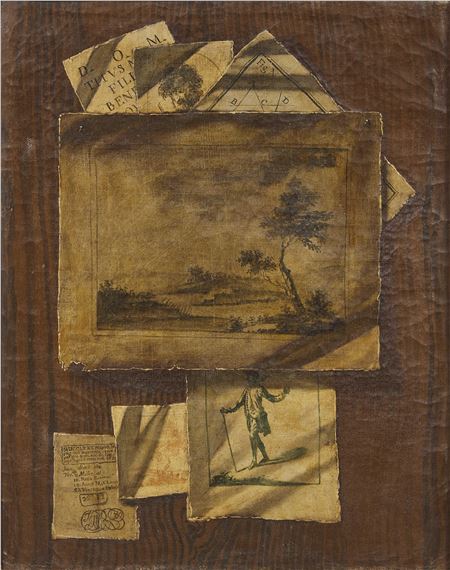 TROMPE-L’OEIL WITH PRINTS AND A RECEIPT OF THE LOTTERY; TROMPE-L’OEIL WITH PRINTS, POEMS AND PLAYING CARDS by Italian School, 18th Century, Luigi Desio