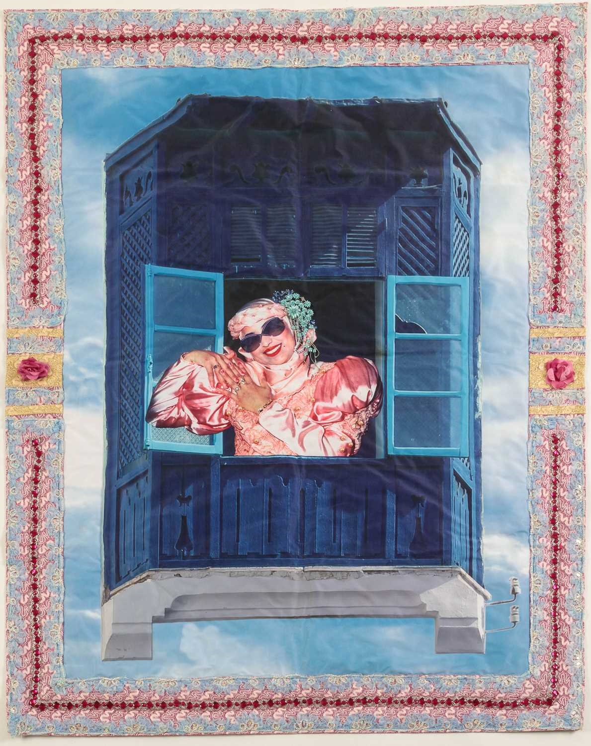 Artwork by Aïcha Filali, Sans titre (femme à la fenêtre), Made of print photomontage on fabric and mix technic with needle
