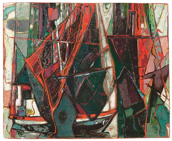 An abstract composition of a sailboat rendered in bold, fragmented geometric shapes.