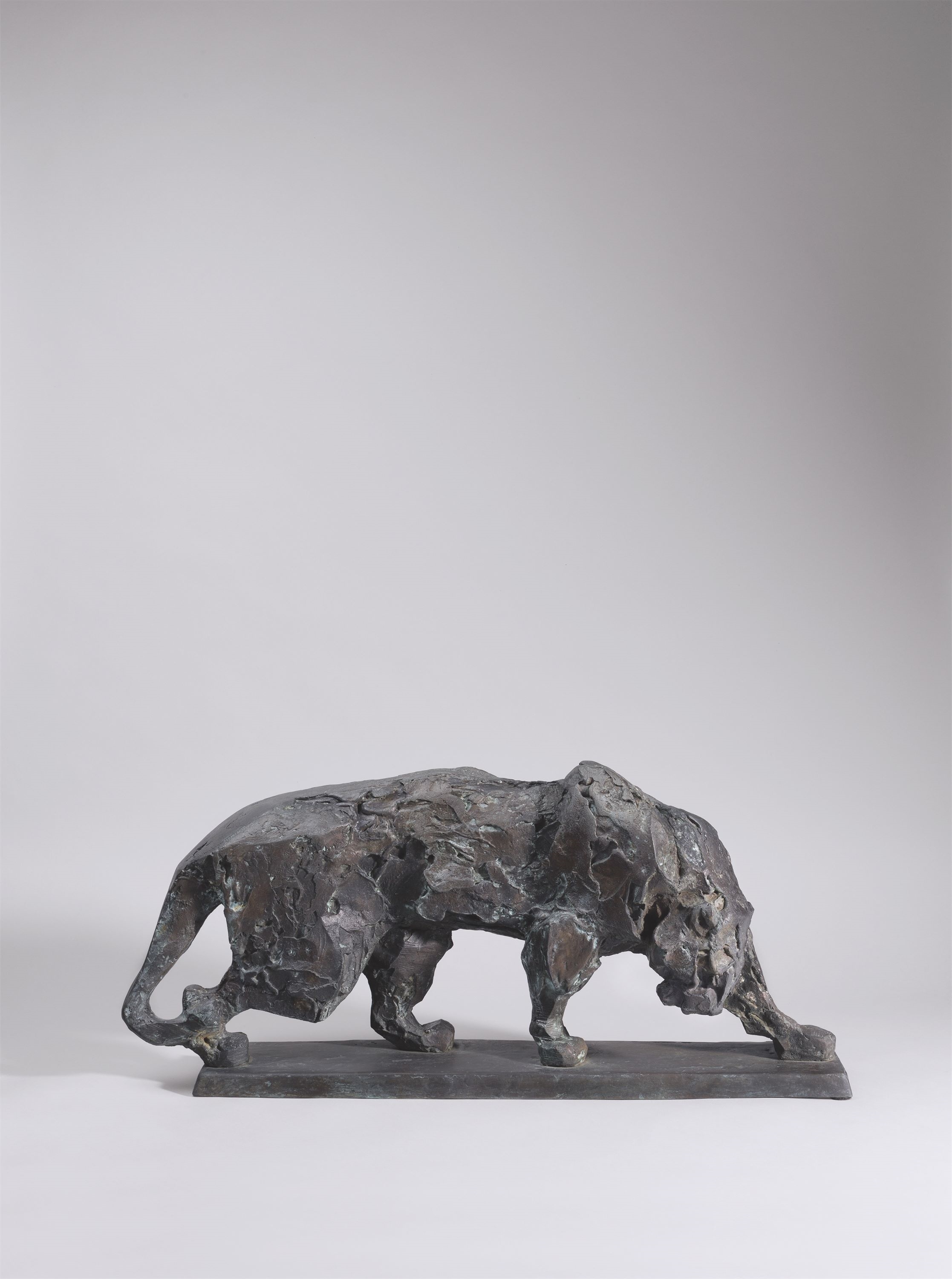 Artwork by Hans Martin Ruwoldt, Panther., Made of Bronze with grey green patina, mounted on bronse base