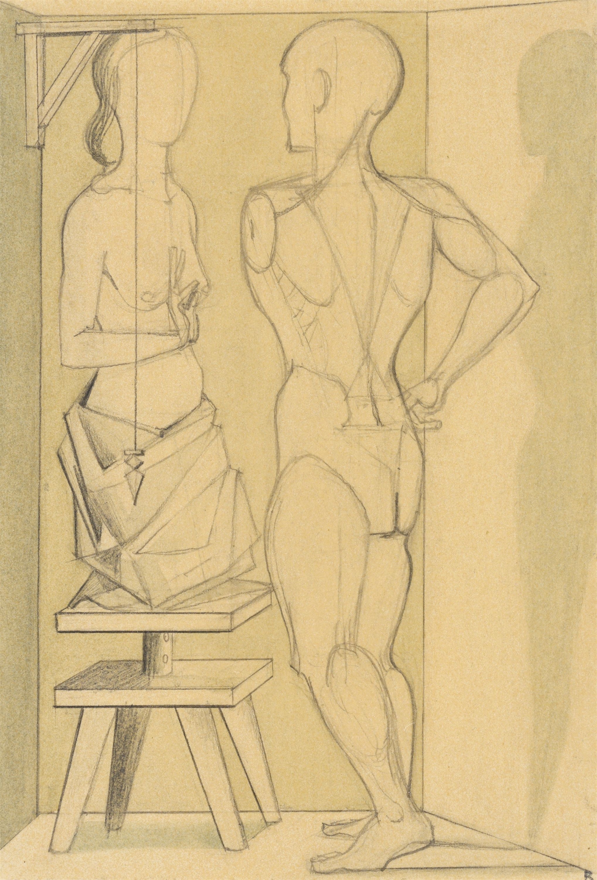 Artwork by Gottfried Brockmann, ”Der Gipsabguß ersetzt das Fleisch”., Made of Pencil on yellowish paper, mounted on paper