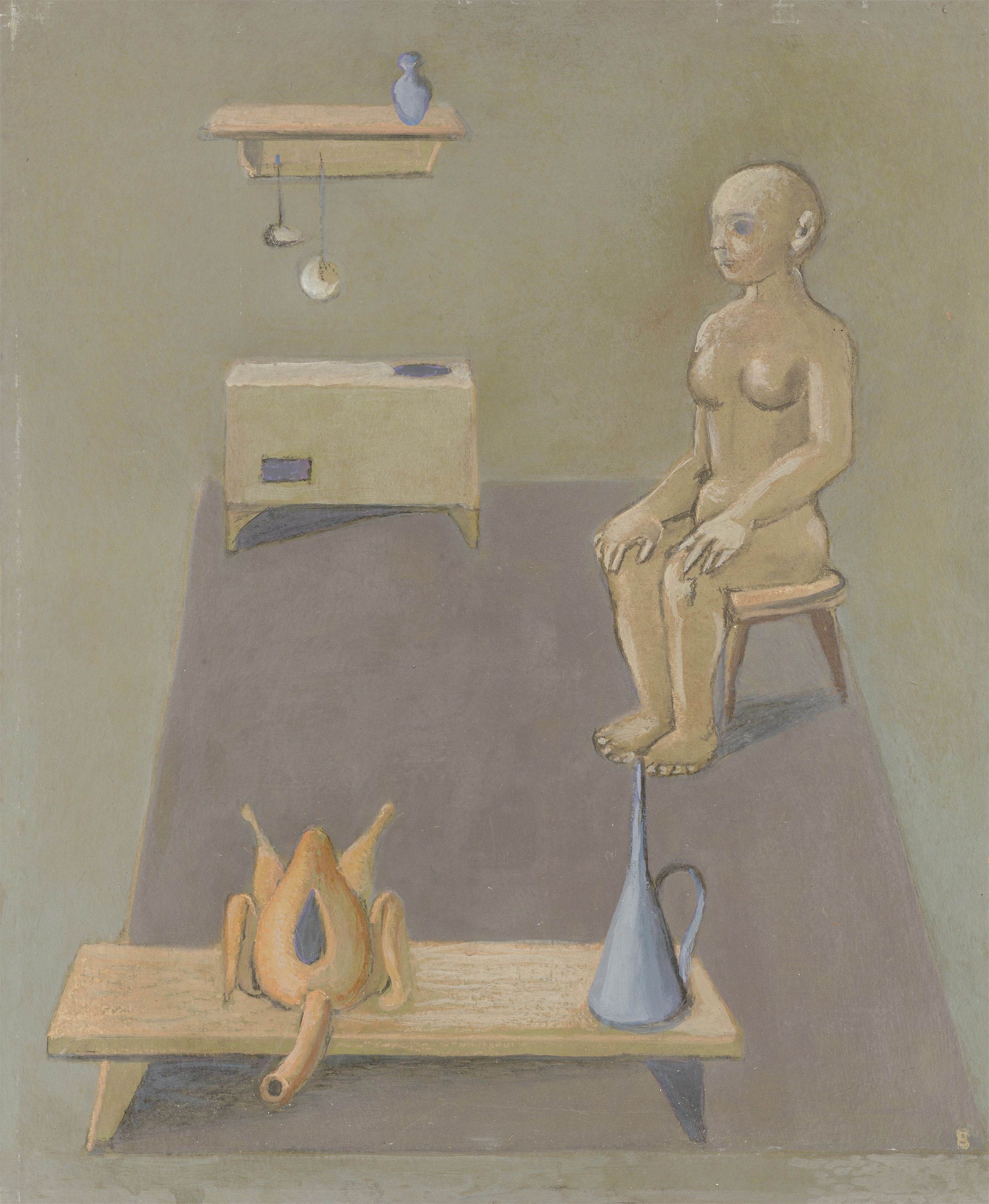 Artwork by Gottfried Brockmann, Large doll kitchen., Made of Tempera on cardboard, laid down on panel
