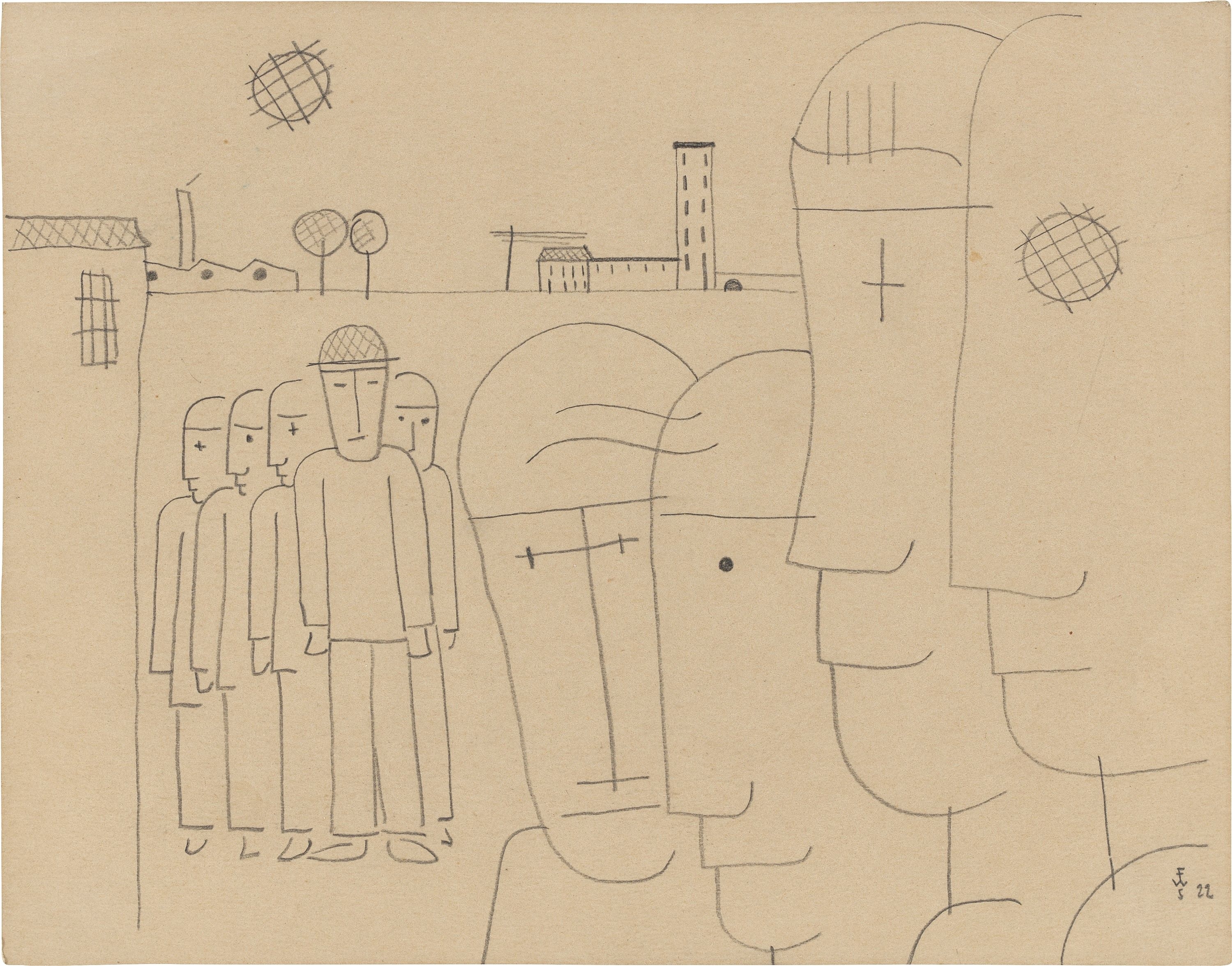 Artwork by Franz Wilhelm Seiwert, ”Zwei Gruppen”., Made of Pencil on light brown cardboard