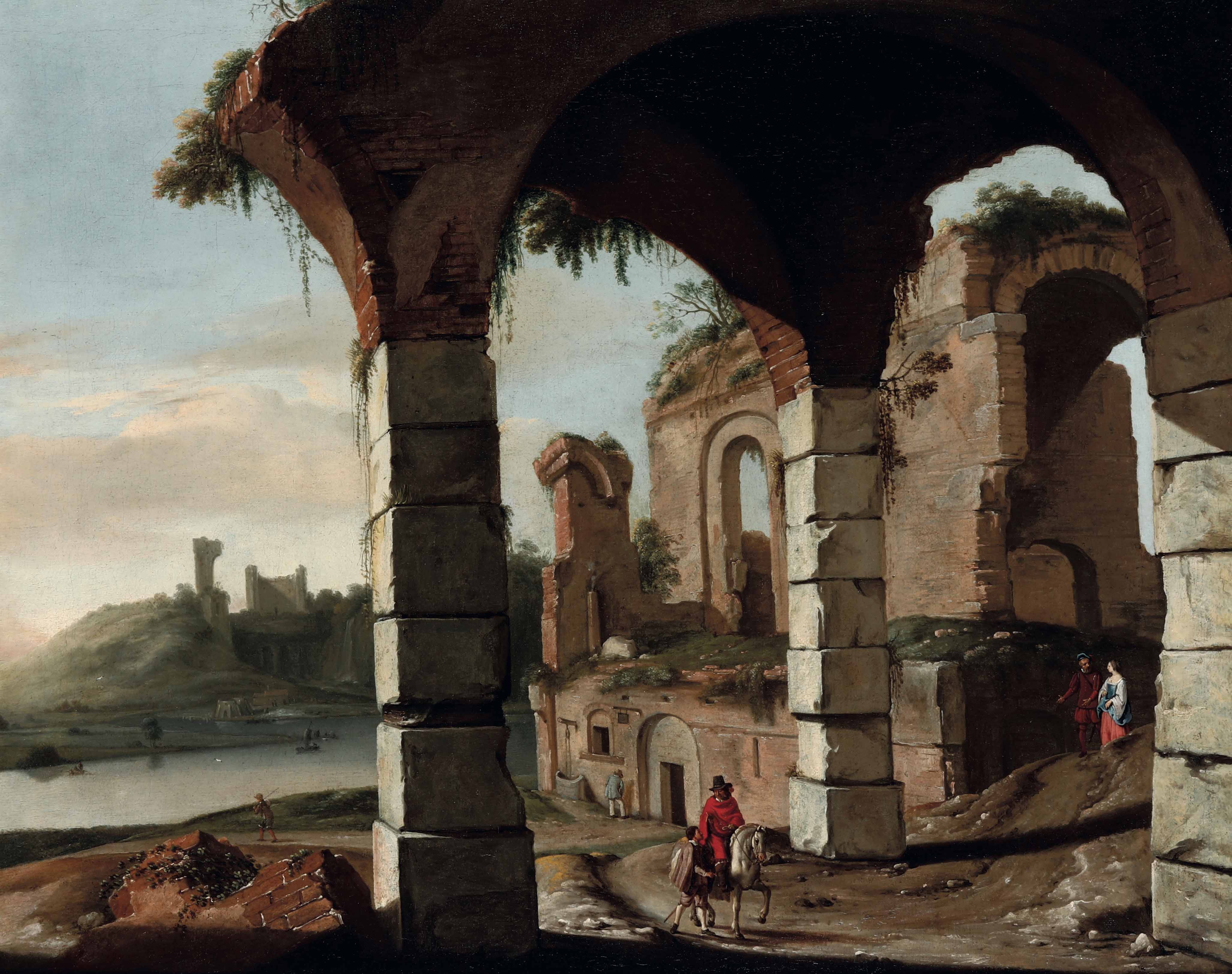 Artwork by Pieter Anthonisz van Groenewegen, Paesaggio con ruderi e figure, Made of oil on canvas