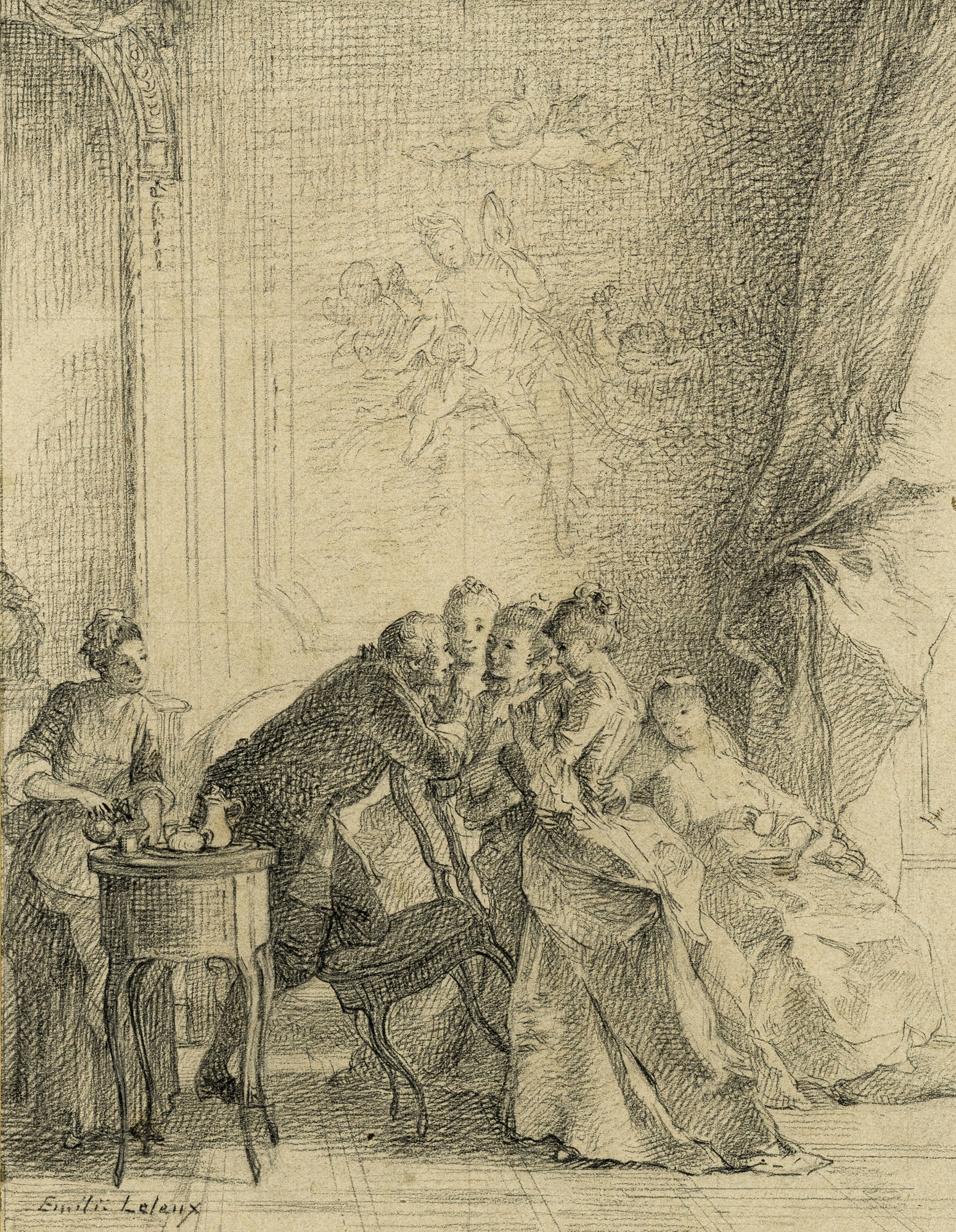 Artwork by Louise Émilie Leleux-Giraud, Les médisances de l'Abbé, Made of black chalk on paper