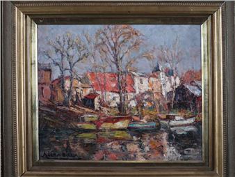 A moody impressionist painting of a riverside village with bare trees and colorful rooftops reflecting in the water.