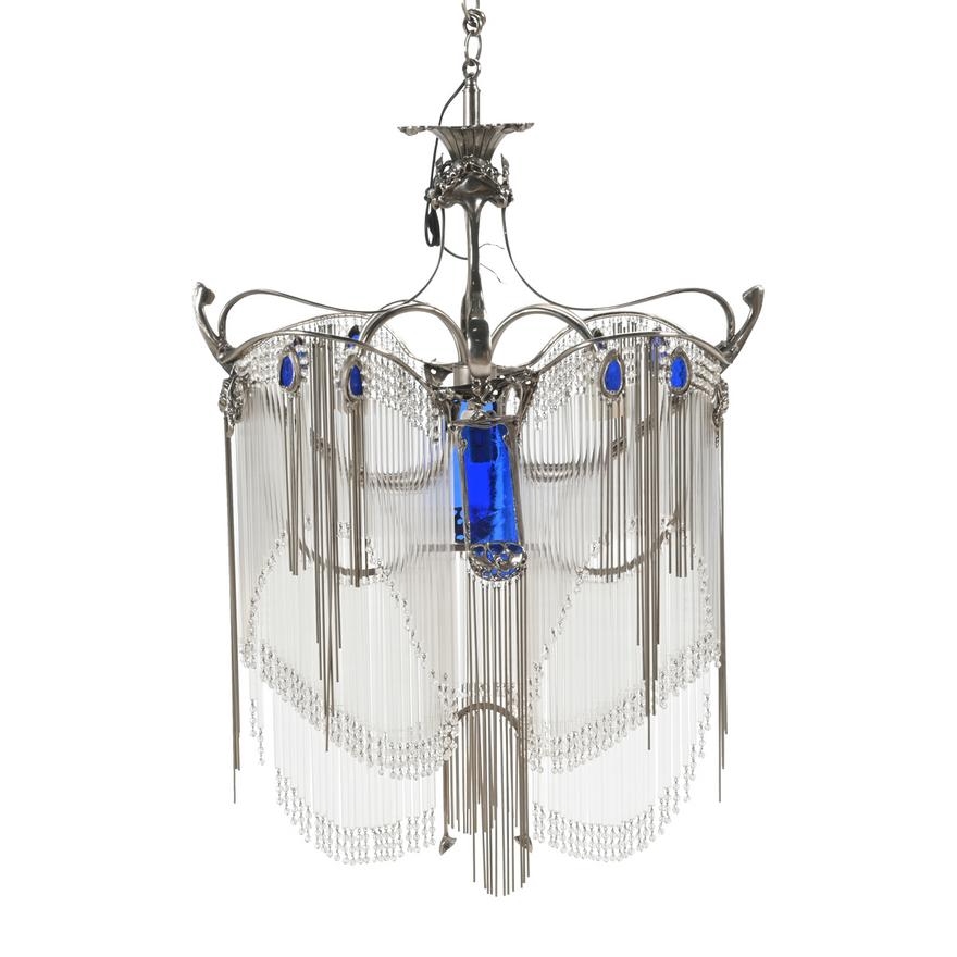 Artwork by Hector Guimard, Art Nouveau Chandelier, Made of Silvered metal four light frame hung with round glass prisms, blue glass panels and cabochons, and silver metal rods