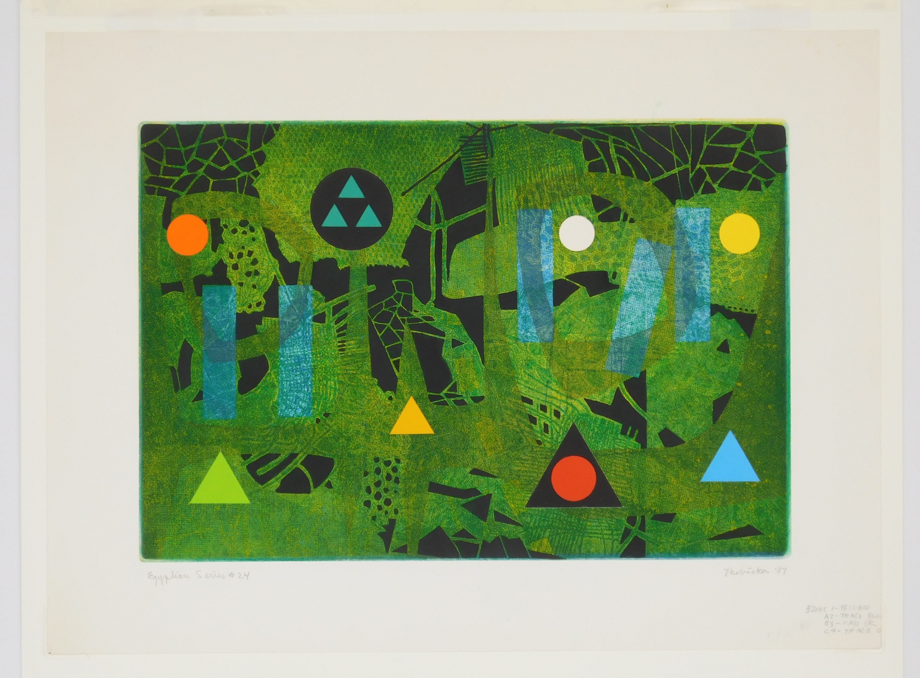 Artwork by J. Jay Mc Vicker, ''Egyptian Series #24'', Made of monoprint aquatint in colors with collage