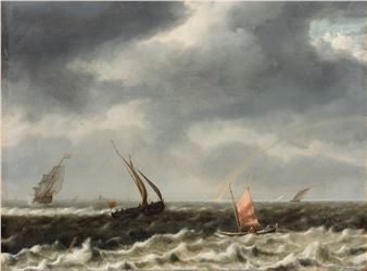 Seascape with ships in choppy waters, a rainbow beyond - Arnoldus van Anthonissen