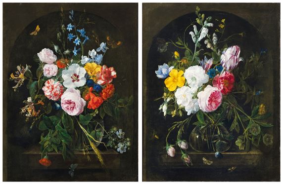 Still lifes with flowers in a crystal vase by Nicolaes van Veerendael, 1684