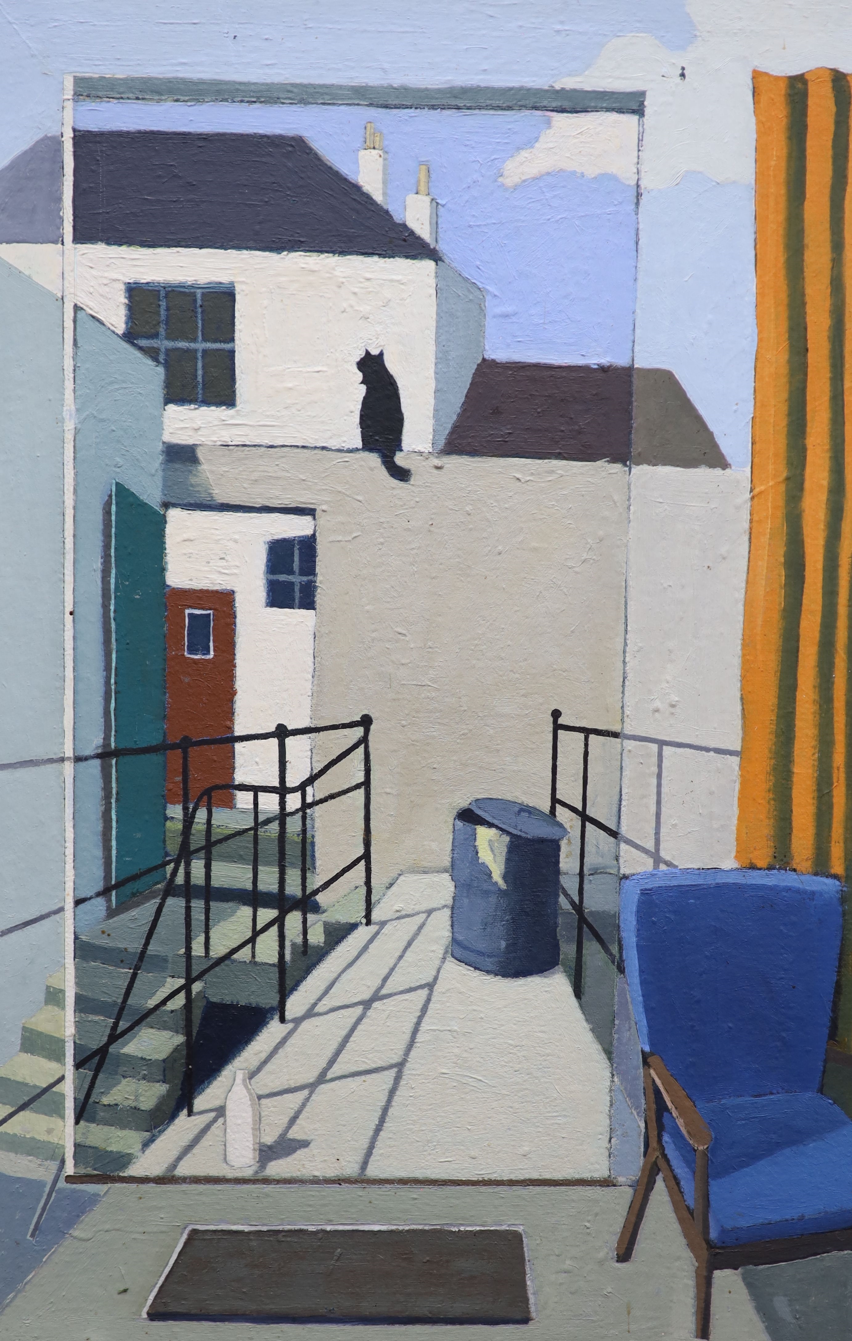 Artwork by Michael Alford, Black cat in a back yard, Made of oil on board