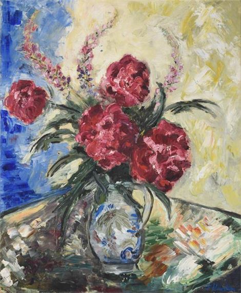 Still life of Peonies and Delphiniums in a ceramic jug by John Houston, 1957