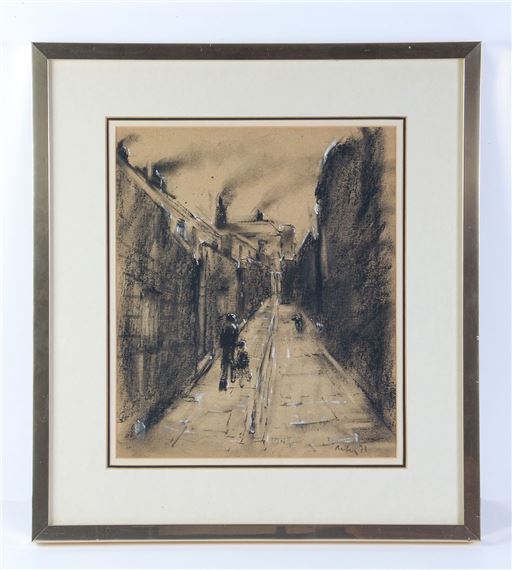 Harold Riley | Street Scene with Figure and Dogs (71) | MutualArt