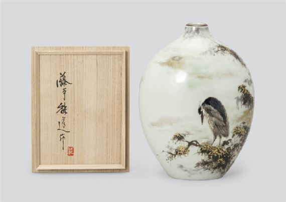 Flask depicting heron in greenish white glaze and overglaze enamel