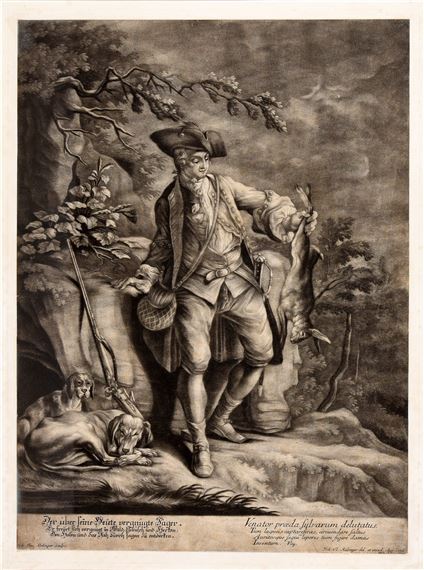Der über seine Beute vergnügte Jäger [...]. Venator praeda sylvarum delutatus [...] by Johann Jakob Ridinger