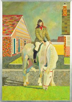Portrait of a mounted rider with houses behind - Audrey Harling